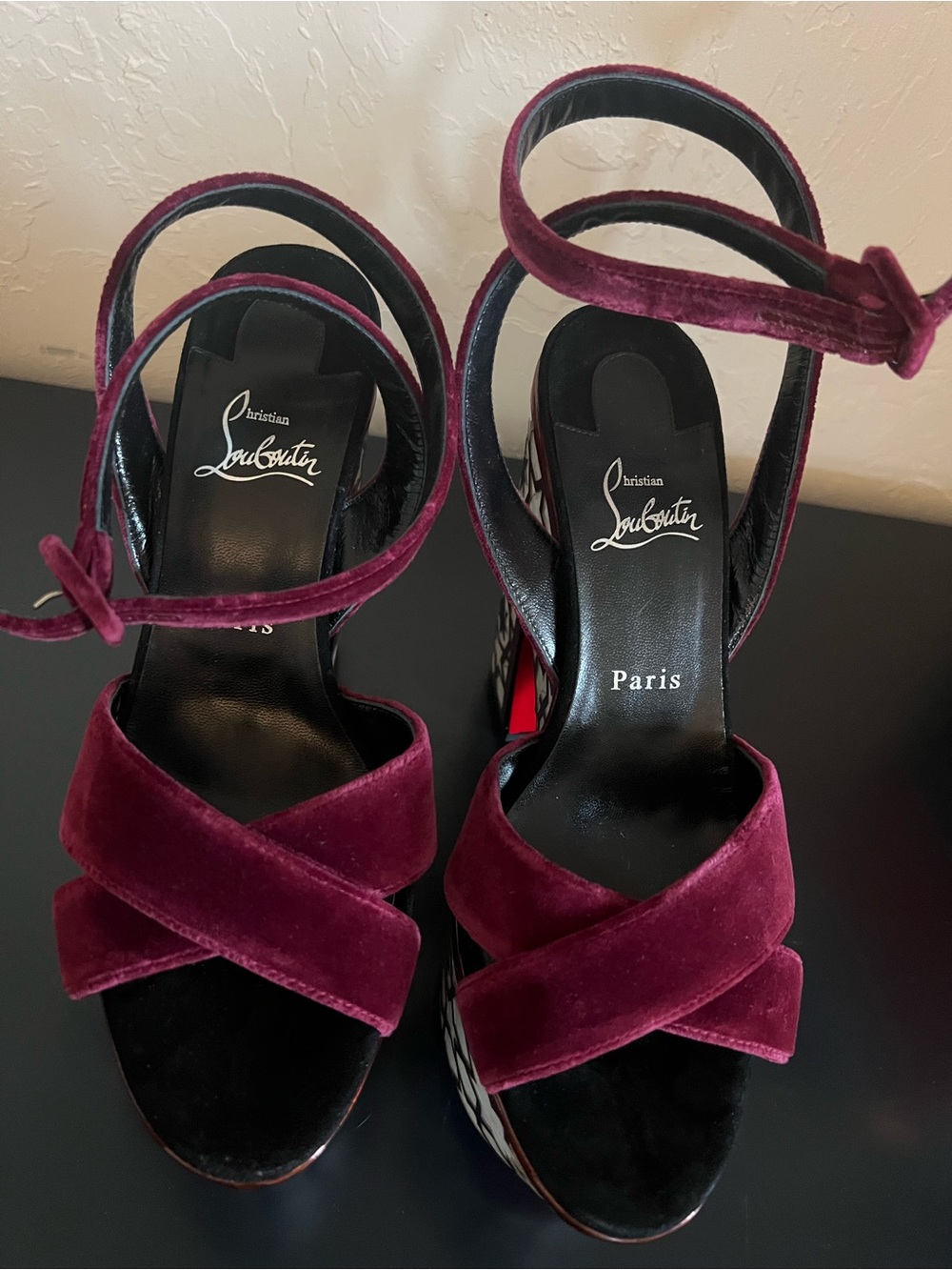 Christian Louboutin Superyaz Burgundy Velvet Platform Sandals with Mosaic-Inlay - Picture 6 of 13